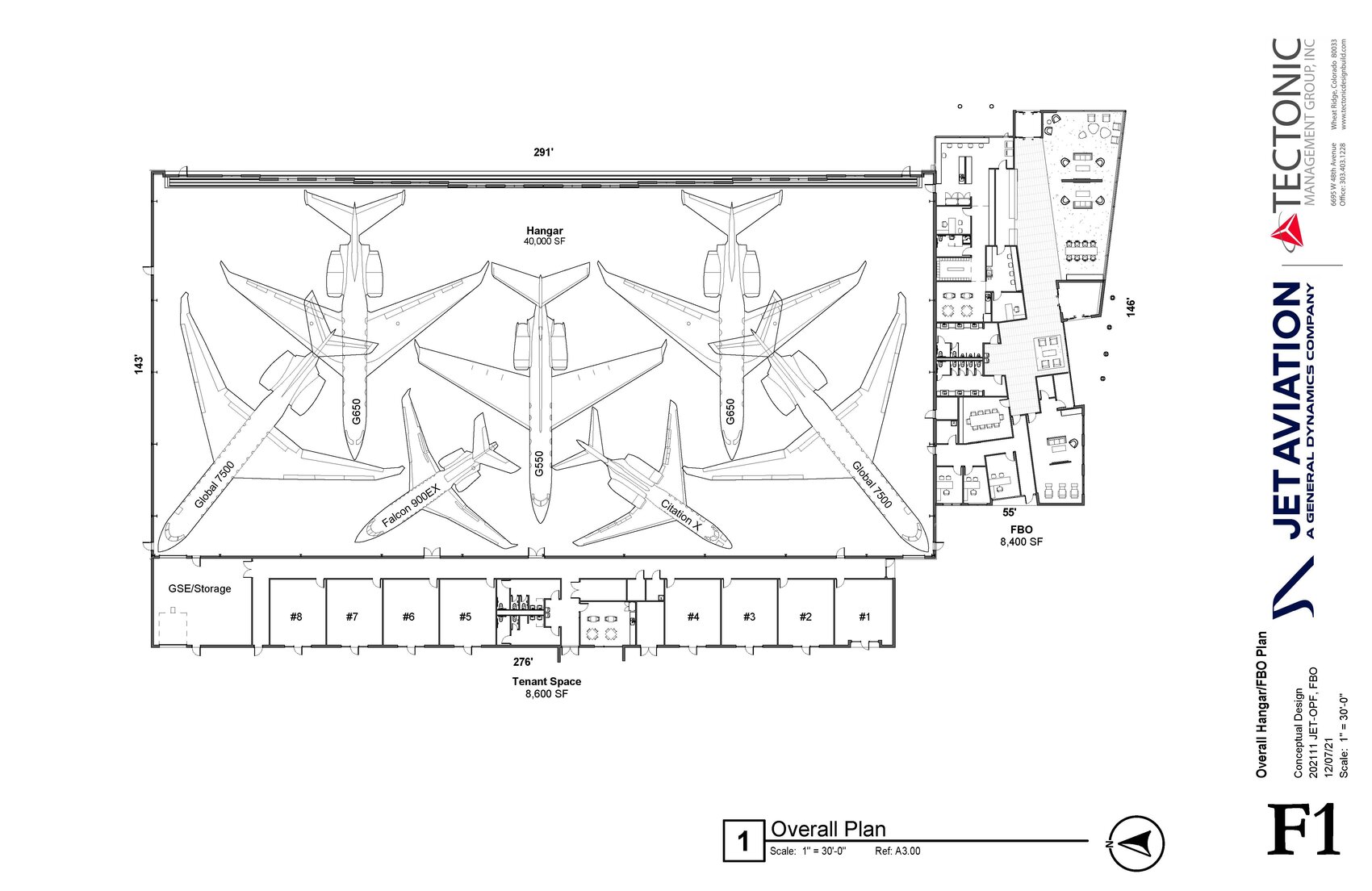 Conceptual overall hangar and FBO site plan for Jet Aviation's new facility at Opa-Locka Executive Airport — the 40,000 SF hangar, 8,400 SF FBO terminal, ramp, and tenant space. Illustrative.